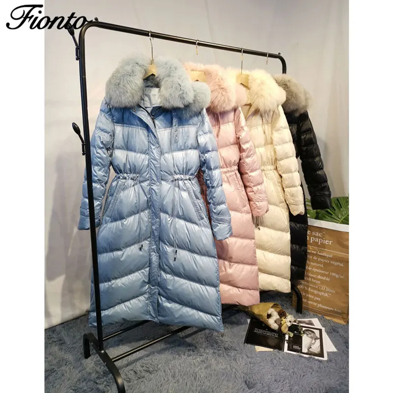 Fionto, зима, новинка, белое пуховое пальто средней длины с лисьим пухом и большим воротником, женское корейское утепленное пальто выше колена