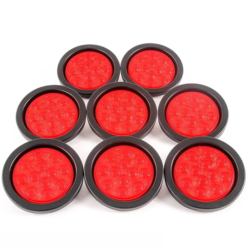 

8Pcs 4 Round Red 10 LED Stop Turn Tail Light Flush Mount Truck Trailer DC 12V