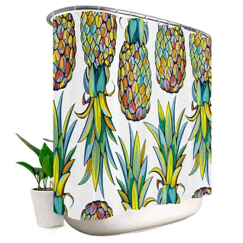 

Pineapple Colorful Shower Curtain Set Teal Green Leaves 19-Pack Metal Shower Hooks Doodle Tropical Fruit Blue and Yellow Art