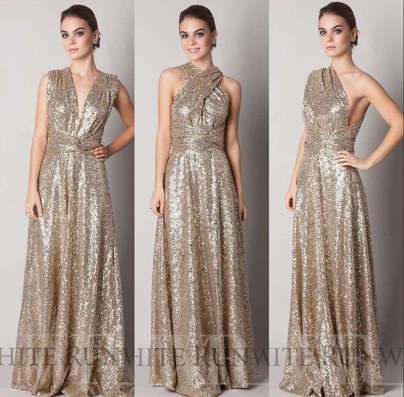 

2015 Sparkly Convertiable Rose Gold Sequins Bridesmaid Dress A Line Floor Length Long Plus Size Custom Made Maid Of Honor UM01