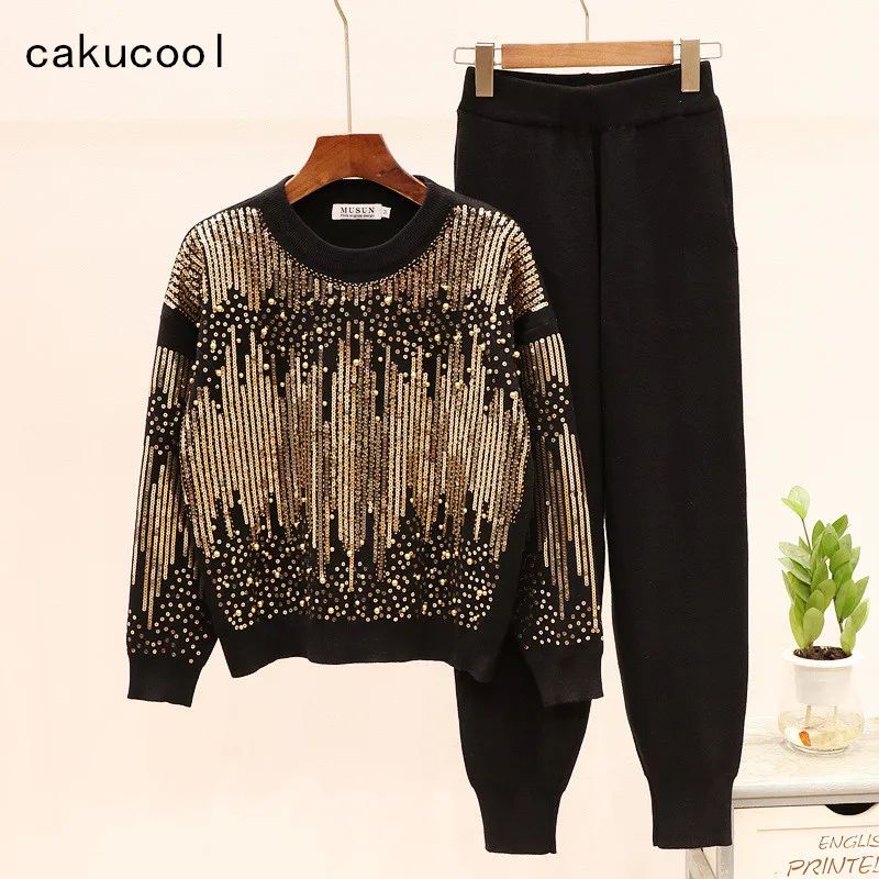 

Cakucool Autumn Knitted Set Women Golden Sequins Beading Sweater Pant Suit Black Sweater Set Femme Chandal Mujer Casual Outfits