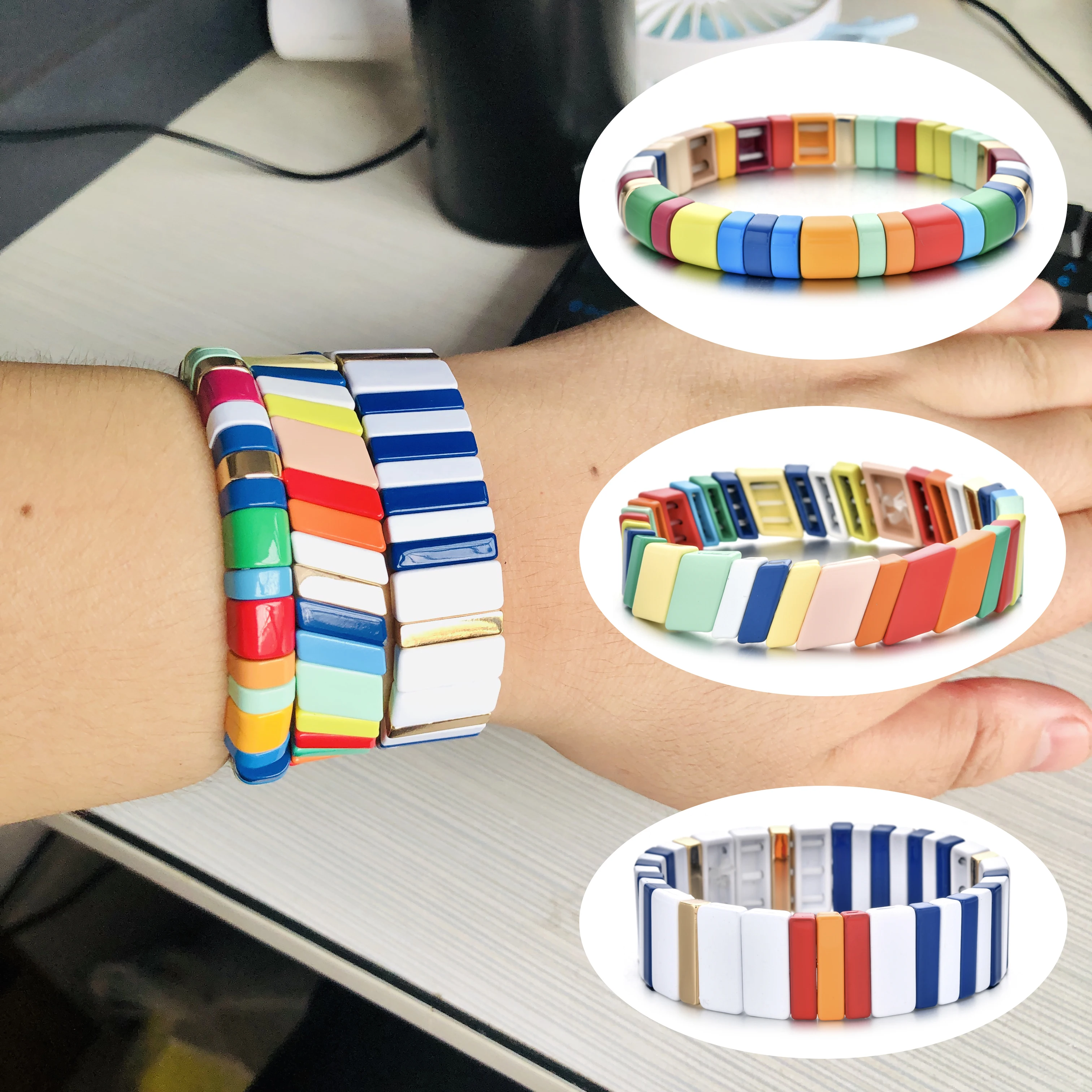 

Trendy New Summer Enamel Colour Rainbow Bracelets Colorful Fashion Bangles for Men Tile Alloy Sport bracelet femme 2019