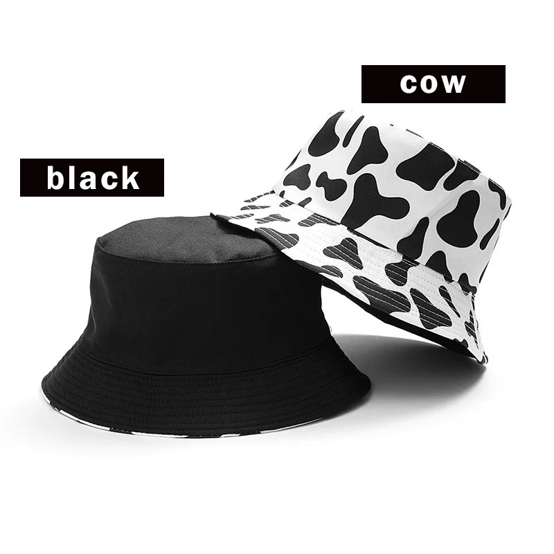 2020 New Fashion Reversible Black White Cow Print Bucket Hat Summer Sun Caps For Women Men Fisherman Hat