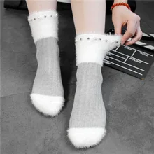 Корейский стиль, женские носки, индивидуальность, сплайсинг, теплые носки средней длины, женские, норковые, бархатные, жемчужные, зимние, женские короткие носки, шерсть