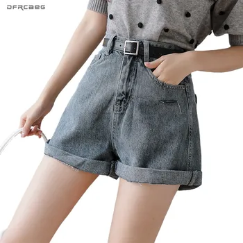 

Blue High Street Crimping Woman Summer Jeans Shorts With Belt 2020 High Waist Casual Vintage Ladies Denim Short Feminino