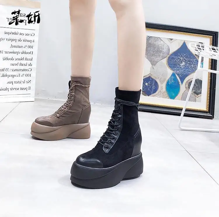 

Women Shoes Woman Boots Fashion Wedges Ankle Boots 2020 Autumn New Bandage Suede Stretch Cloth Boots Thick-soled Booties X194