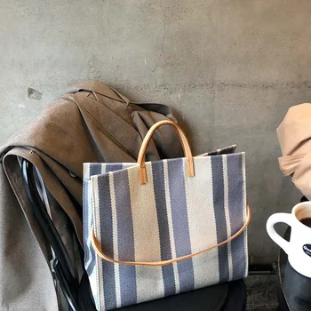 

2020 new fashion fashion large capacity canvas bag Korean shopping bag file bag stripe portable shoulder bag