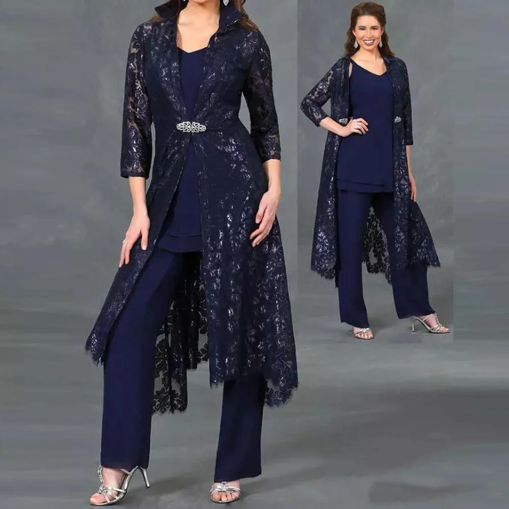 

Three Pieces Mother of the Bride Pant Suits Plus Size V-neck Lace Ankle Length Formal Dress With Jacket