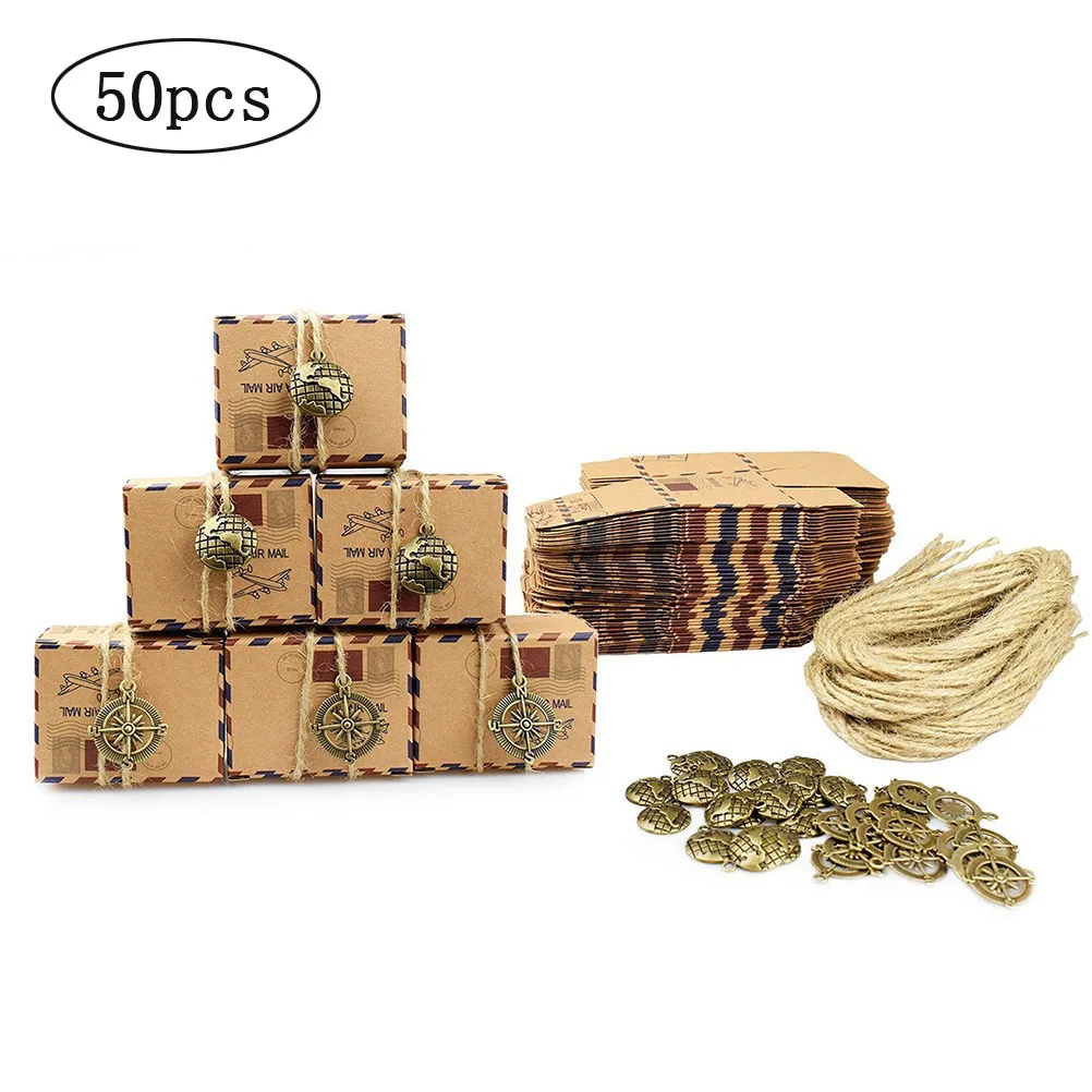 

50pcs Vintage Inspired Airmail Design Candy Boxes Bonbonniere With Compass Kraft Paper Treat Boxes Wedding Favors Gift Boxes