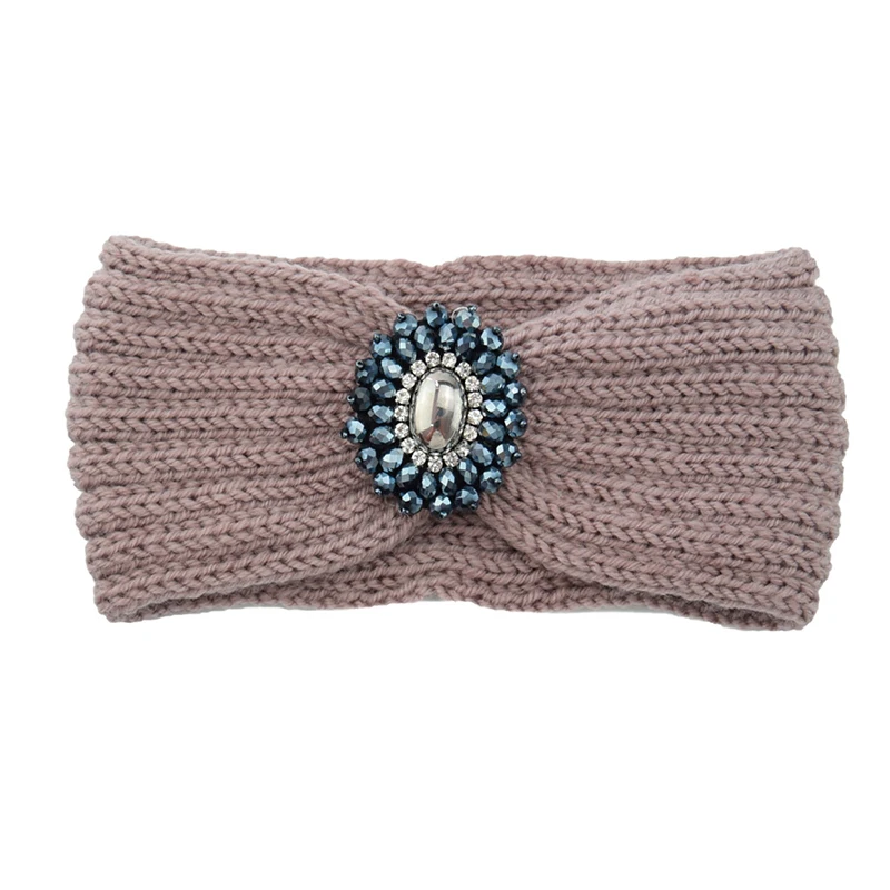 New Women Crystal Flower Headband Crochet Headwrap Casual elastic Hairband Knitting Beanies Turban Winter Knitted Headbands - Цвет: Светло-фиолетовый