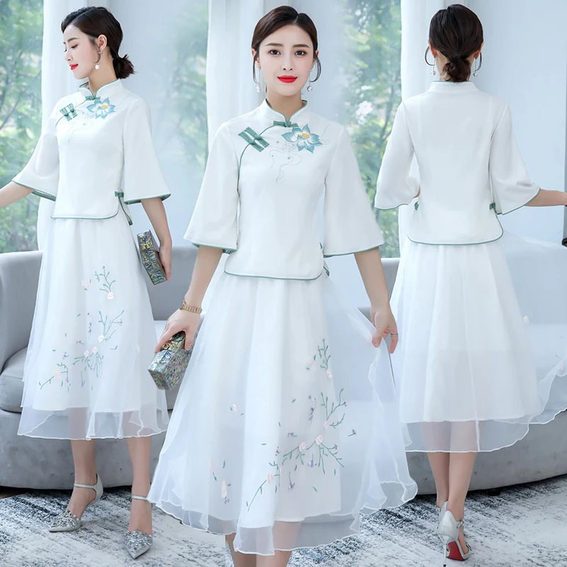 

2020 ladies cheongsam dress two-piece suit summer mom women's Chinese style short-sleeved shirt skirt suit fashion elegant slim