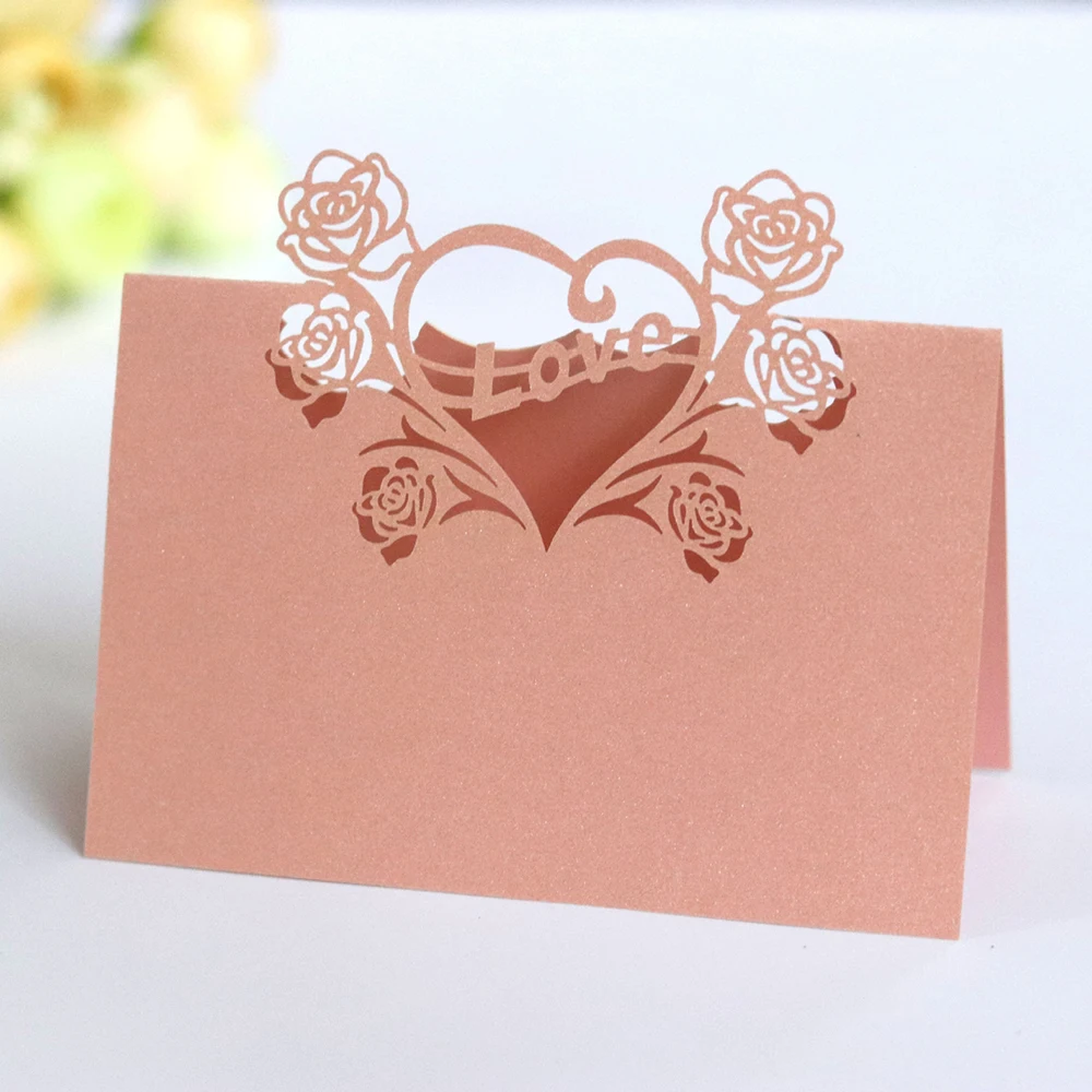 Birthday Party Decor Place Cards Laser Cut 50 Pcs Hollow Pattern Heart Shape Wedding Event Table Name Card Flower Decoupage