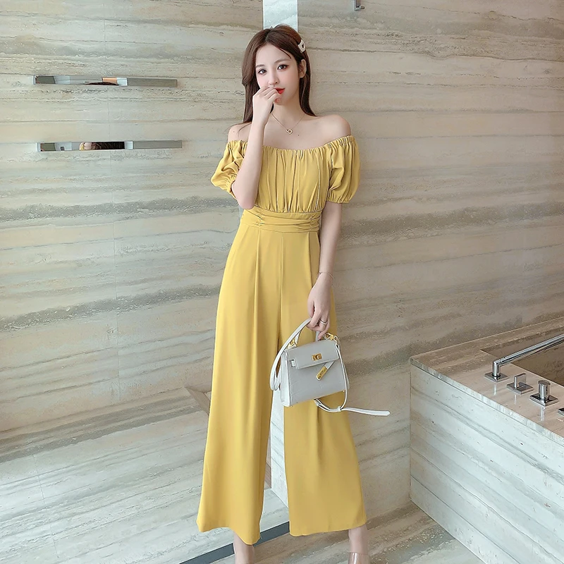 Off Shoulder Rompers Jumpsuits Women 2021 Elegant Fold Sexy Office Ladies Wide Leg Long Pants Jumpsuits Pocket Long Playsuits 2021 autumn and winter new ladies fashion lapel slim long sleeved temperament suit jacket commuter solid color women s clothing