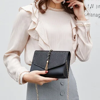 

Shoulder Bag Paillette Business Shining PU Women's 2019 Black Handbag Tassel Leather Chain Luxury Designer Messenger Lady