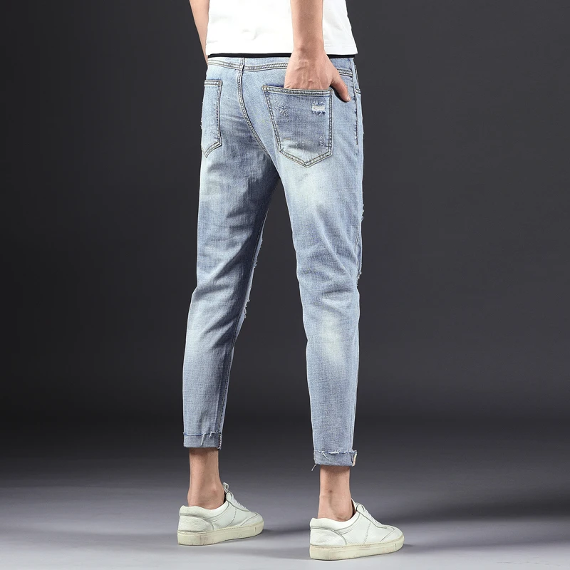 Reviews Fashion Streetwear Mens Jeans Destroyed Ripped Design Pencil Denim Pants Ankle Skinny Men Full Length Jeans Ankle-length Pant