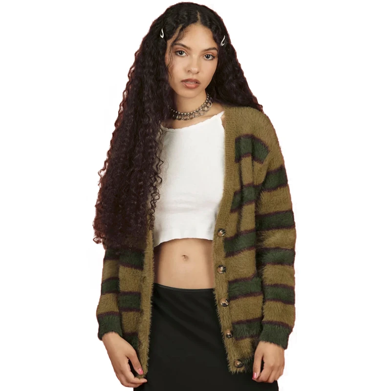 

Women Fluffy V Neck Striped Knit Button Cardigan In Oversized Shape