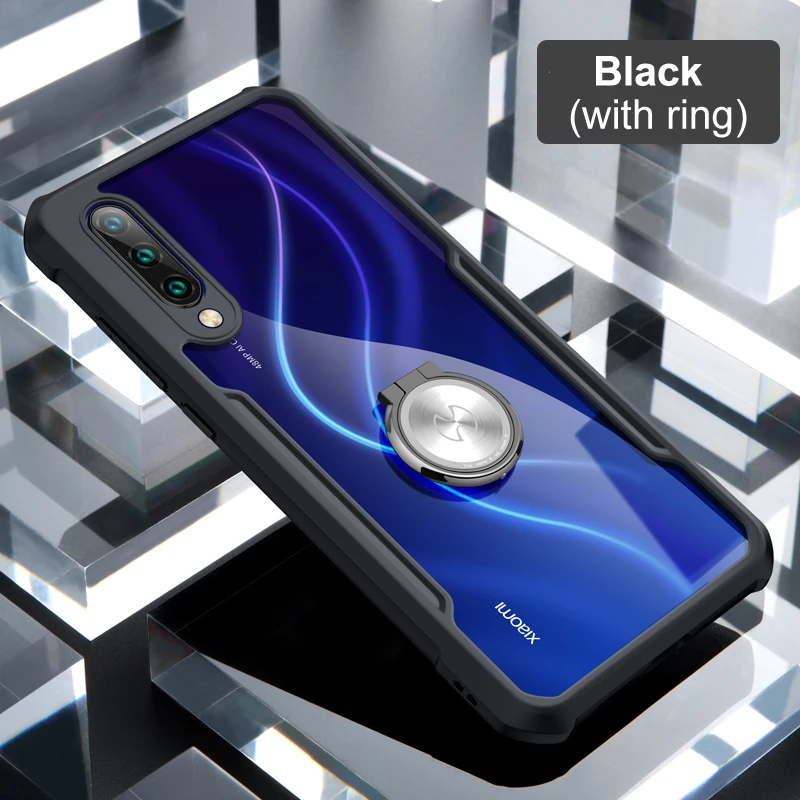 For Xiaomi CC9 / Mi 9 Lite Case with Ring Holder Magnet Clear Acrylic Armor PC Shockproof Protective Back Cover for mi A3 Coque - Цвет: Black