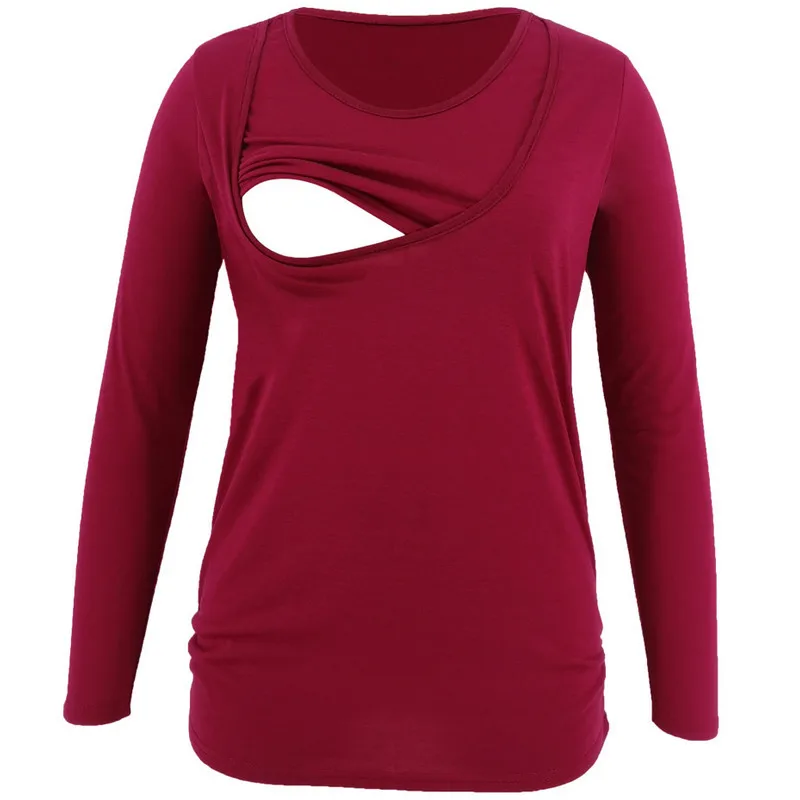 Бургундия Emmababy New Women Pregnant Maternity Clothes Long Sleeve solid Color Soft Nursing Top Breastfeeding T-Shirt - Цвет: Бургундия