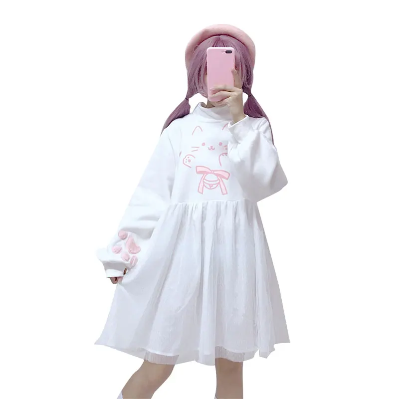 

Autumn Lolita Dresses 2019 Japanese Kawaii Cute Cat Anime White Dress Turtleneck Mesh Patchwork Sweet Dress Female Clothing
