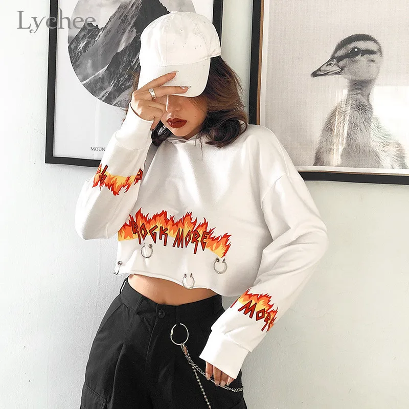 Lychee Harajuku повседневные свободные женские с капюшоном кроп толстовки Весна Осень Женские Короткие топы пламя письмо кольцо женские толстовки с капюшоном