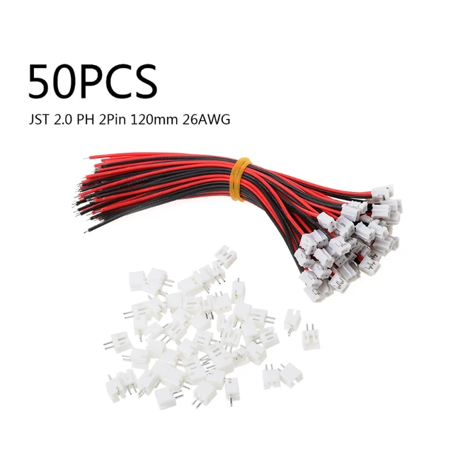 50 SETS Mini Micro JST 2.0 PH 2-Pin Connector Plug with Wires Cables 120MM 26AWG 1