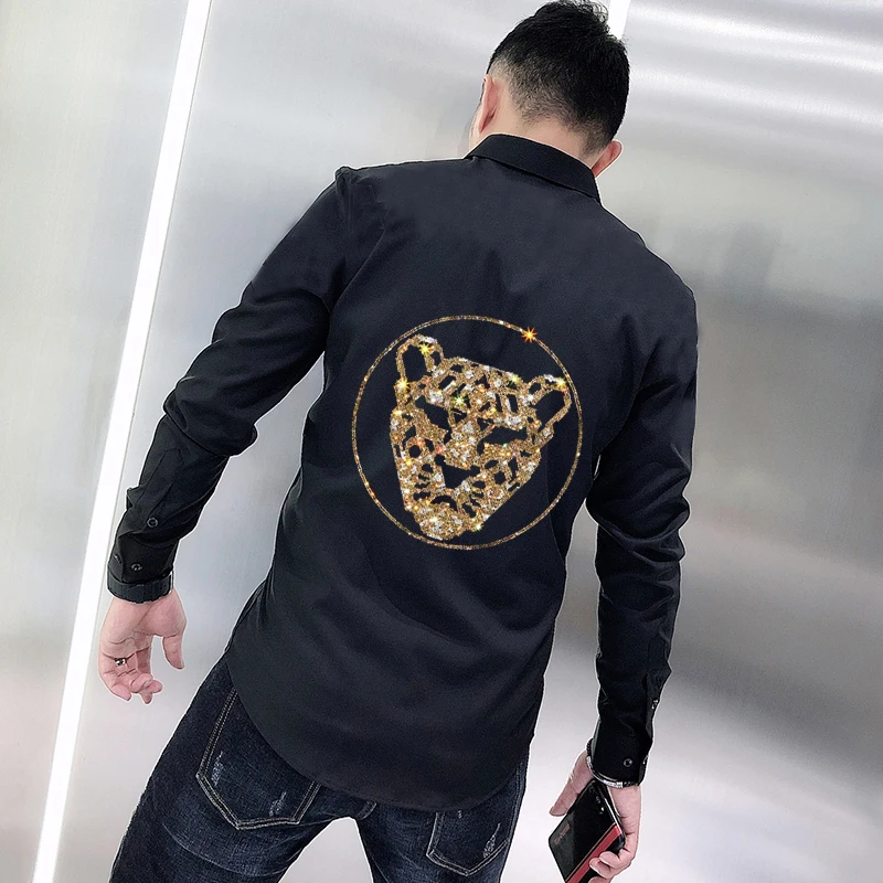 Fashion Hot Diamond Style Leopard Spring Men's Casual Business Workwear Pure Cotton Lapel Design Formal Slim Buttons