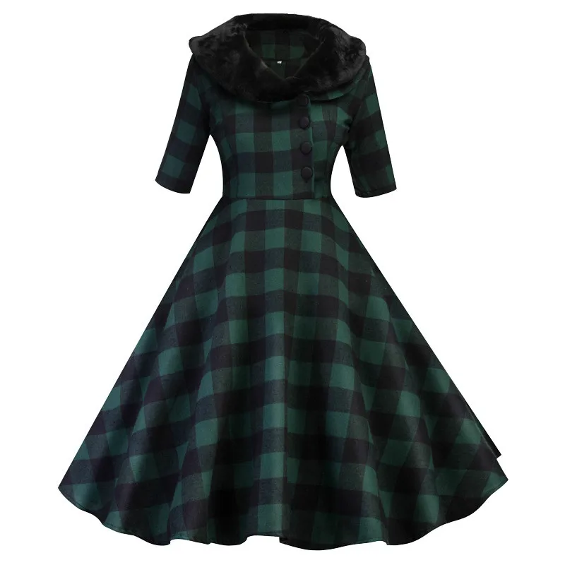 green plaid dress Зимние сапоги зеленого цвета в мелкую клетку Винтаж платье Для женщин меховой воротник на пуговицах с длинным рукавом осеннее платье А-силуэт элегантное платье в красную клетку 50s ретро платья - Цвет: green plaid dress