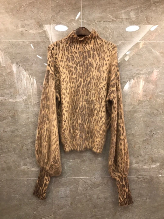 

Early Autumn, 2019 New Women's Clothes with Leopard-print Decoration Long Sleeve Loose Sweater Knitted Shirt 910