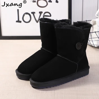 

JXANG 2020 new Real Sheepskin Suede Leather Women Winter Mid-calf Snow Boots With Button Shearling Lined Winter warm ShoeS Black