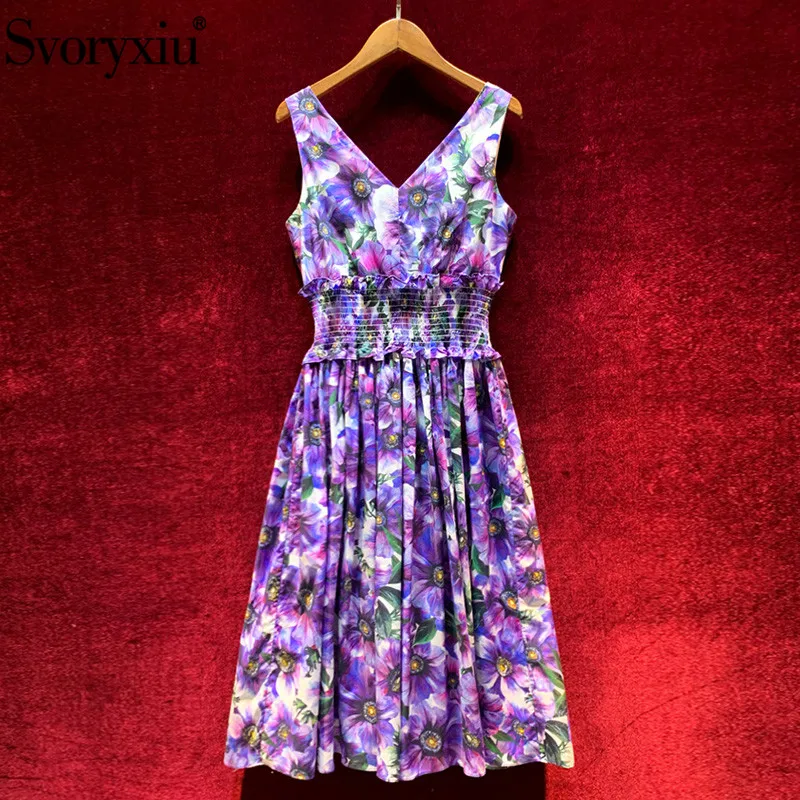 Svoryxiu Fashion Runway Summer V-Neck Cotton Dress Women's Elastic Waist Flower Print Purple Sleeveless High Quality | Женская