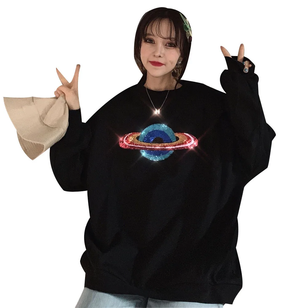 

2019 Autumn Sequined Bling Planet Sweatshirt Women Long Sleeve Pullover Oversize Loose Hoodies Tops