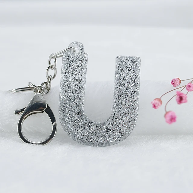 1PC Women Keychains  Handbag  Car Pendants 26 English Letter Keyring  Charms   Glitter Resin Word U