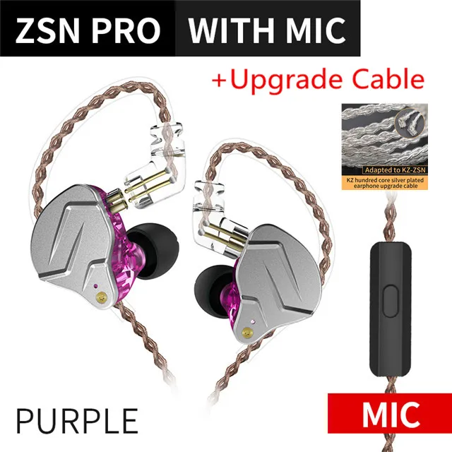 Purple with mic Sil KZ ZSN PRO 1BA+ 1DD гибридная технология Hi-Fi металлические наушники-вкладыши бас-вкладыши спортивные наушники с шумоподавлением ZSN AS10 ZS10 ZST T2 - Цвет: Purple with mic Sil