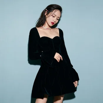 

Sexy Little Black Velvet Dress 2020 Autumn Winter Strapless Backless Crystal Chain Flare Sleeve Ball Gown MIni WOmen Party Dress