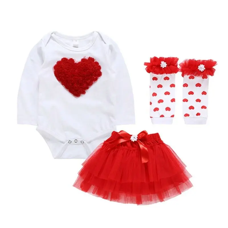 3PCS My First Valentines Day Newborn Baby Girl Outfits Clothes Romper Bodysuit Top Tutu Skirts Dress Bowknot Leg Warm Vestidos