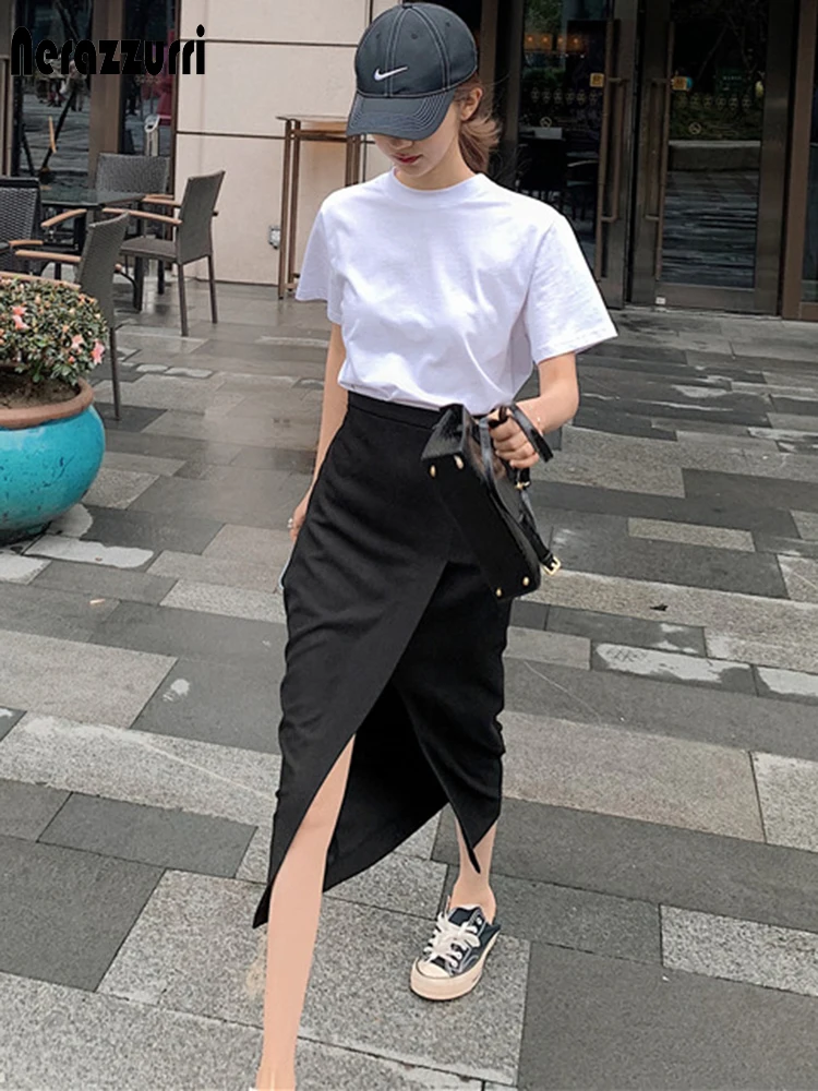 Nerazzurri primavera suave negro de gamuza falda de cintura alta hendidura delantero largo goth faldas para las mujeres, 4xl 5xl 6xl 7xl de talla grande de alta moda