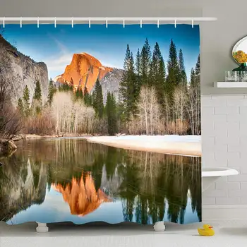 

Shower Curtain Set with Hooks 72x78 Orange View Winter at Half Dome Granite in Dramatic Sunset Reflected Snow National Merced