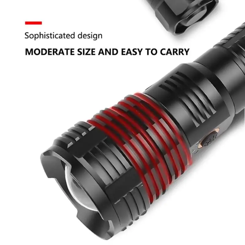 XHP70 LED Flashlight Power Display Micro-USB Rechargeable 5 Modes IP44 Waterproof Telescopic Zoomable Lamp for Outdoor