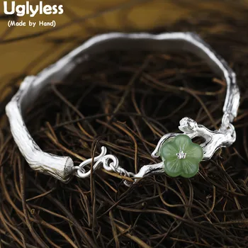 

Uglyless Ethnic Creative Branch Bangles for Women Openable Silver Plum Blossom Bracelets Natural Jade 925 Silver Jewelry BA631