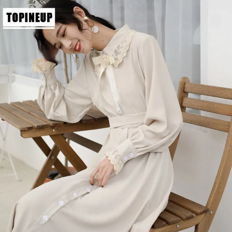 

2019 Elegant Lace Up High Waist OL Dress Bow Collar Solid Color Long Sleeve Office Lady Fashion Female Casual Dresses