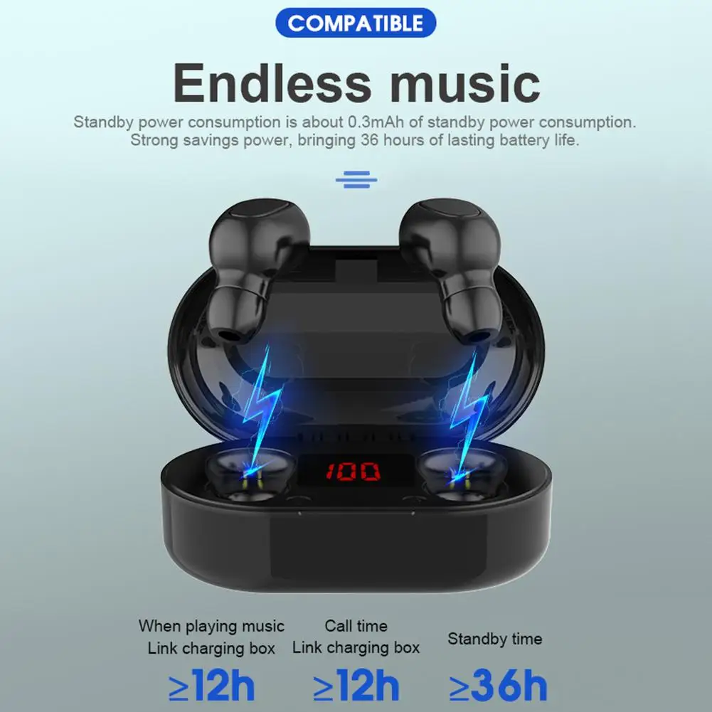 

TWS Wireless Bluetooth Headset Noise Reduction 5.0 Sports Mini Waterproof Earplugs with LED Digital Display Battery Charging Box