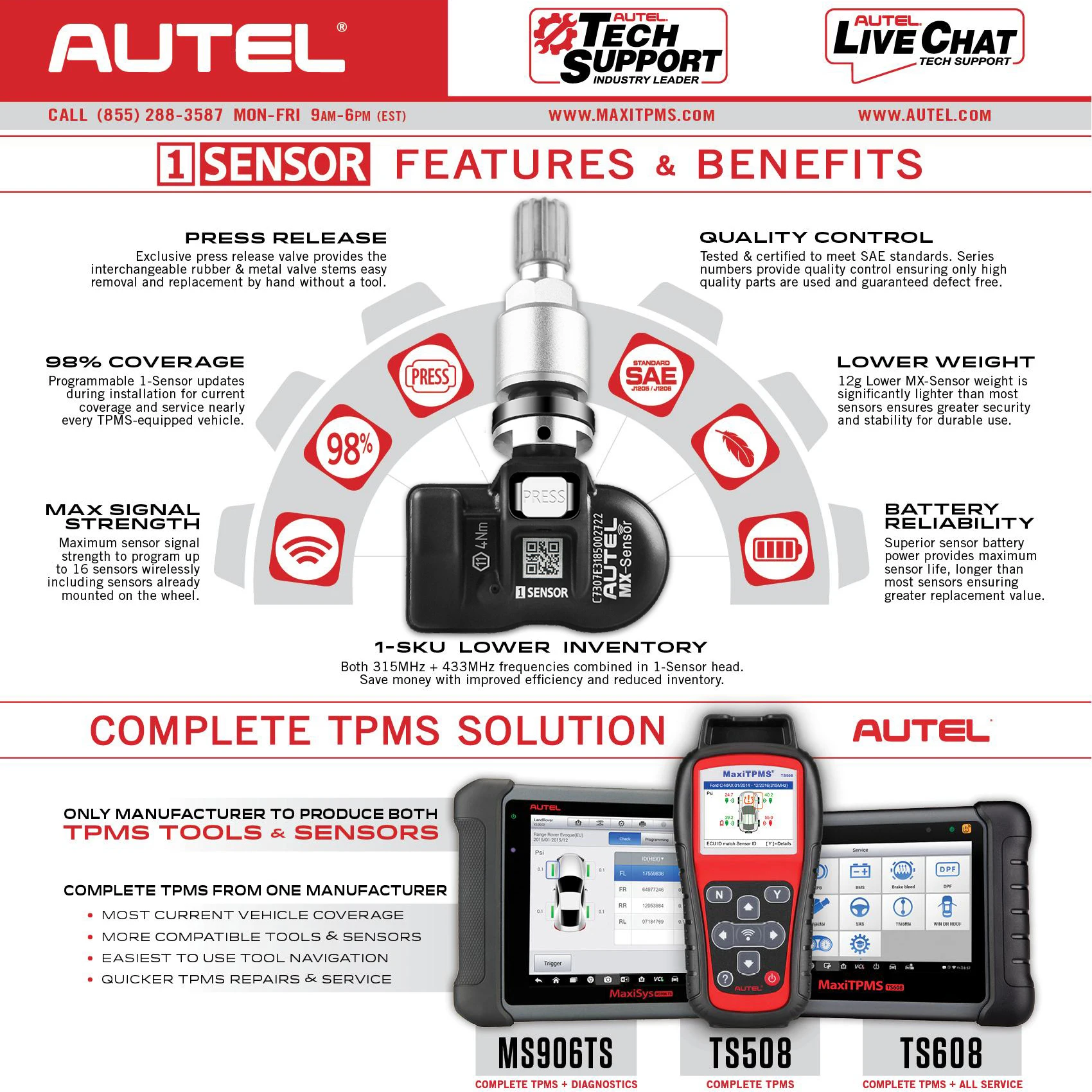 Tire Pressure Monitor Autel TPMS Sensor MX-Sensor 2 in 1 Tire Repair Tools TPMS Sensor Support Programing With TS501 TS508 Equal 433 MHZ+315MHZ