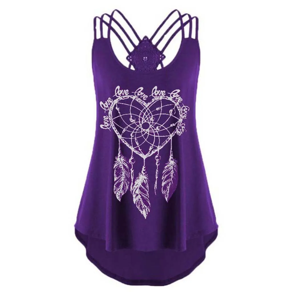 Fashion Love Print Tank Tops Women Lace Tops Strappy tshirt Tunic Tops Casual Summer Ladies Sexy Camis Tops Vest Female Blouse