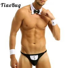 TiaoBug/комплект нижнего белья для мужчин, дворецкий, официант, трусики-танга, смокинг, нижнее белье для геев с галстуком-бабочкой, ошейник, сексуальные костюмы