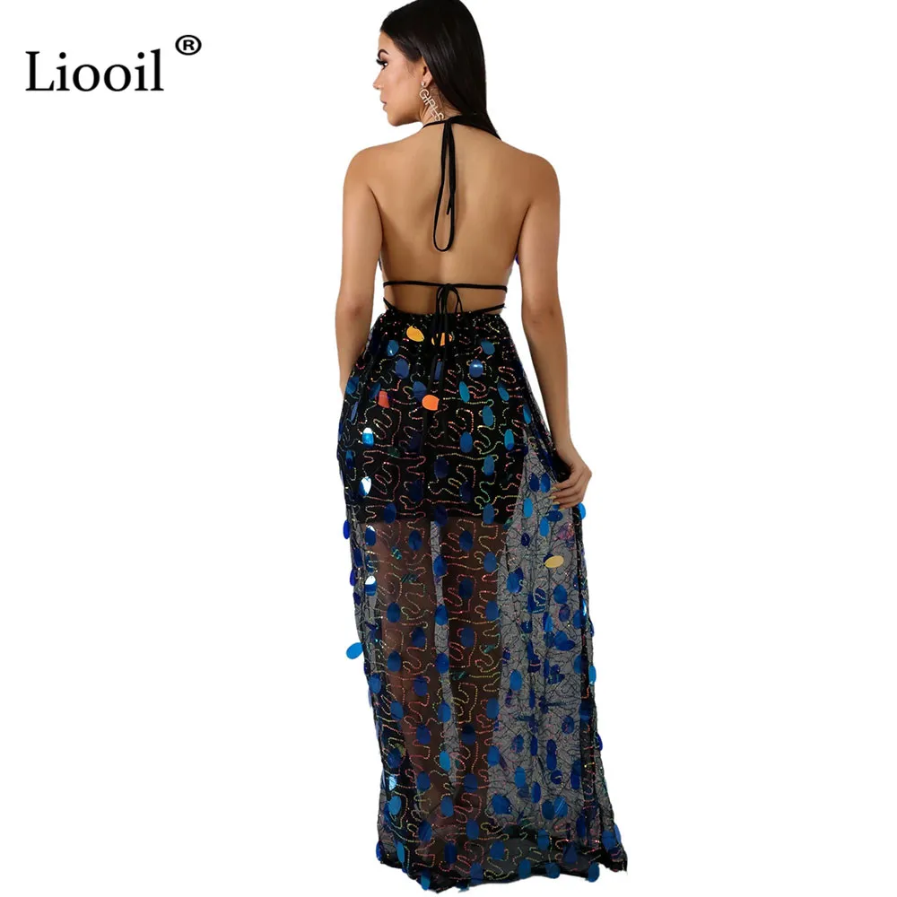 Liooil, черное, белое, с блестками, сексуальное, Бандажное, из прозрачной сетки, длинное платье макси,, без рукавов, с открытой спиной, просвечивают, Платья для вечеринок в ночном клубе