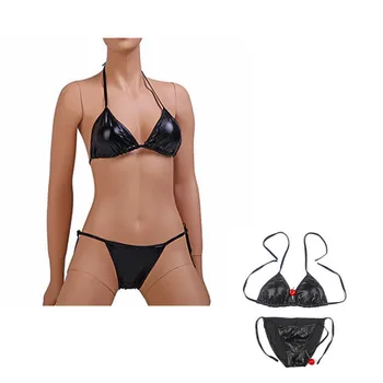 

erotic Patent leather bikini set Beach bikini women bra thongs and G Strings Sexy women panties sexy lingerie erotic underwear