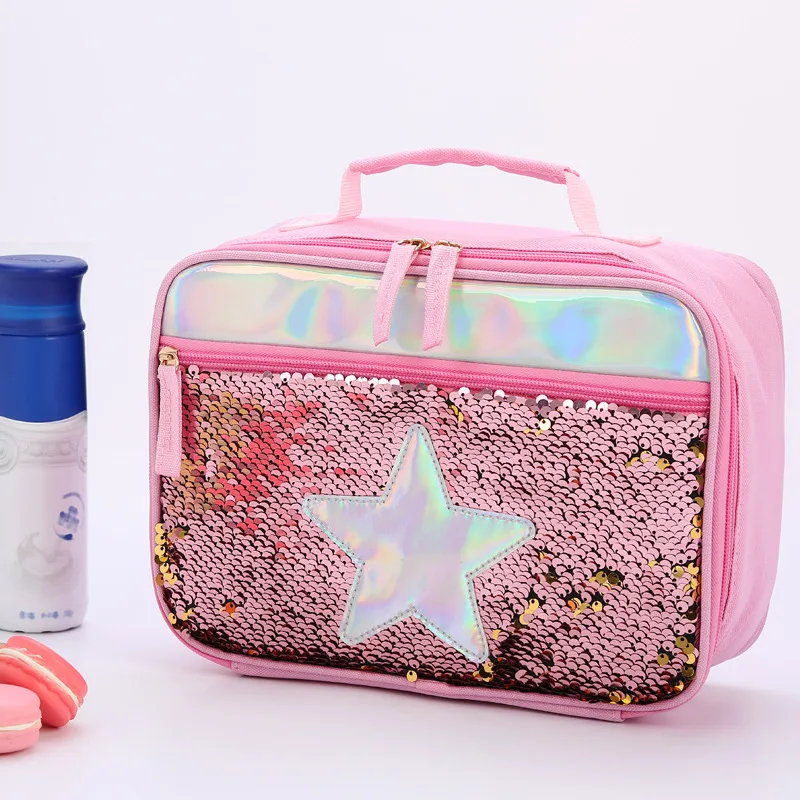 

High Quality Waterproof Reverse Sequin Insulated Kid Girls Lunch Box Glitter Tote Bag Cooler Picnic Pouch For Food