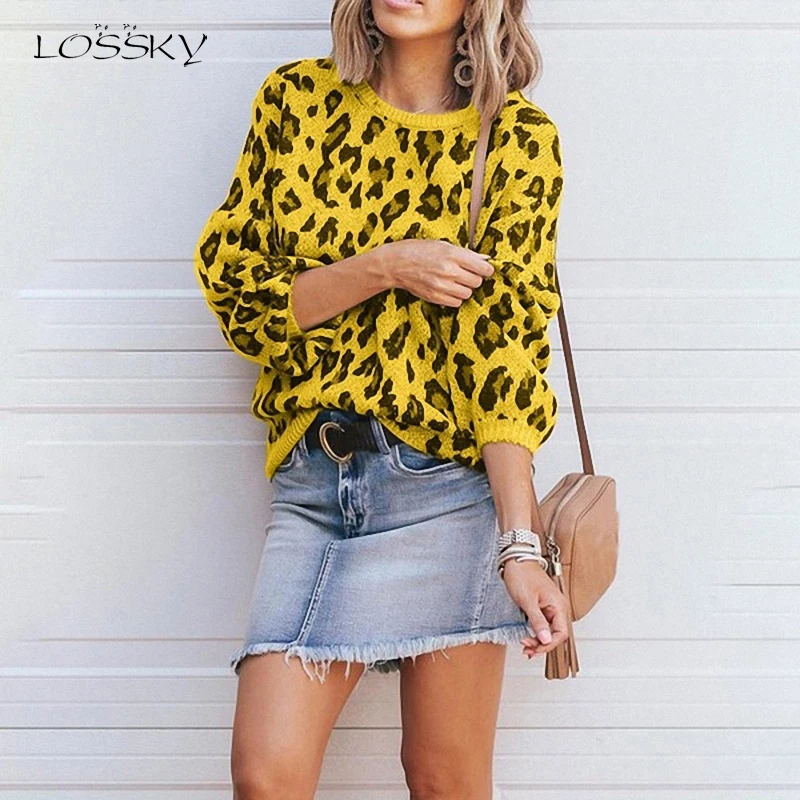 Lossky Women Fall Sweaters Fashion Leopard Jacquard Lantern Sleeve Pull Femme Pullover Tops Yellow Autumn Winter Clothes