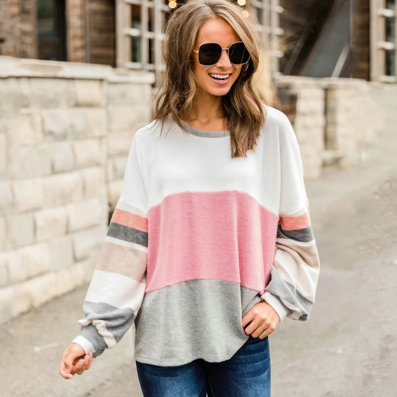 Women Casual Loose T-Shirts Fashion Color Matching Design O-Neck Long Sleeve Tops 2022 Autumn Winter Ladies Pullovers Plus Size