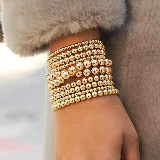 Beaded Bracelet 3 PCS/Set 4/5/6mm Stretch Bracelets Gold Balls Silver Color Jewelry Elastic Expandable Cord Rope For Women